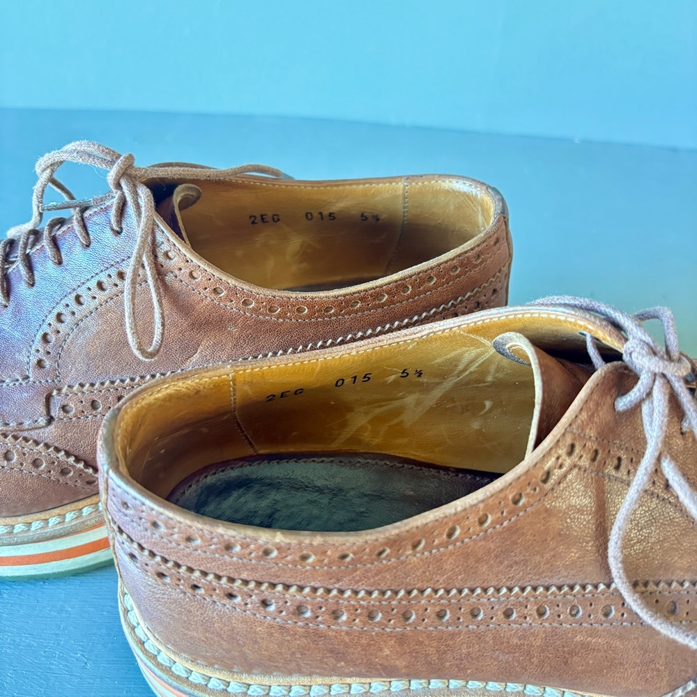 Prada Men's Brown Leather Wingtip Shoes with Striped Platform Sole - Picture 3 of 13